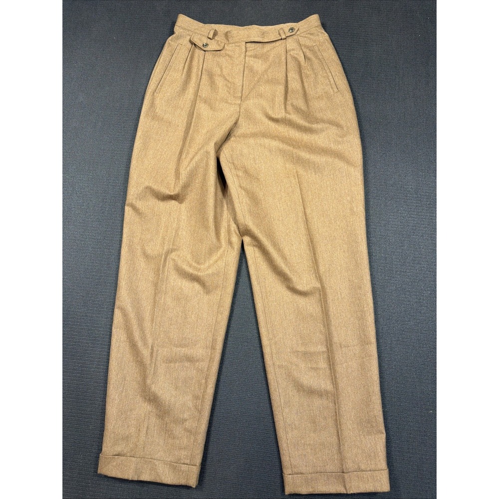 Vintage Ralph Lauren Womens Tan 100% Wool Pleated Wide Leg Cuffed Trousers USA